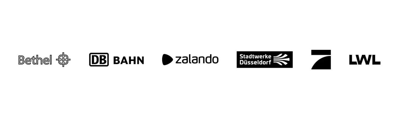 Kundenlogos: Bethel, DB Bahn, Zalando, Stadtwerke Düsseldorf, ProSieben, LWL