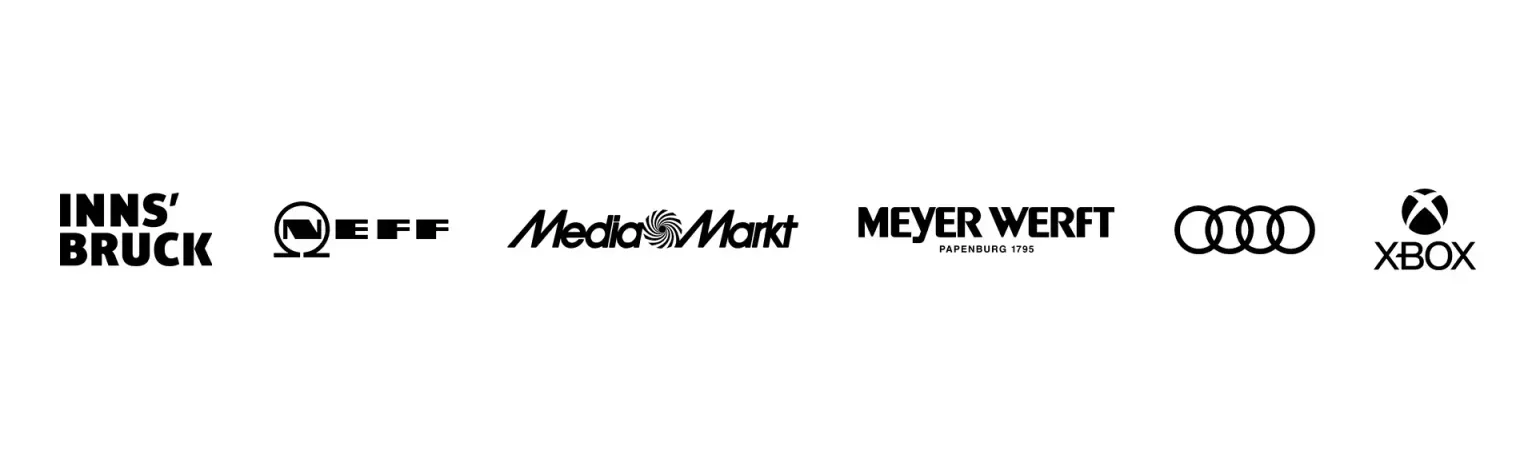 Kundenlogos: Innsbruck, NEFF, MediaMarkt, Meyer Werft, Audi, Xbox