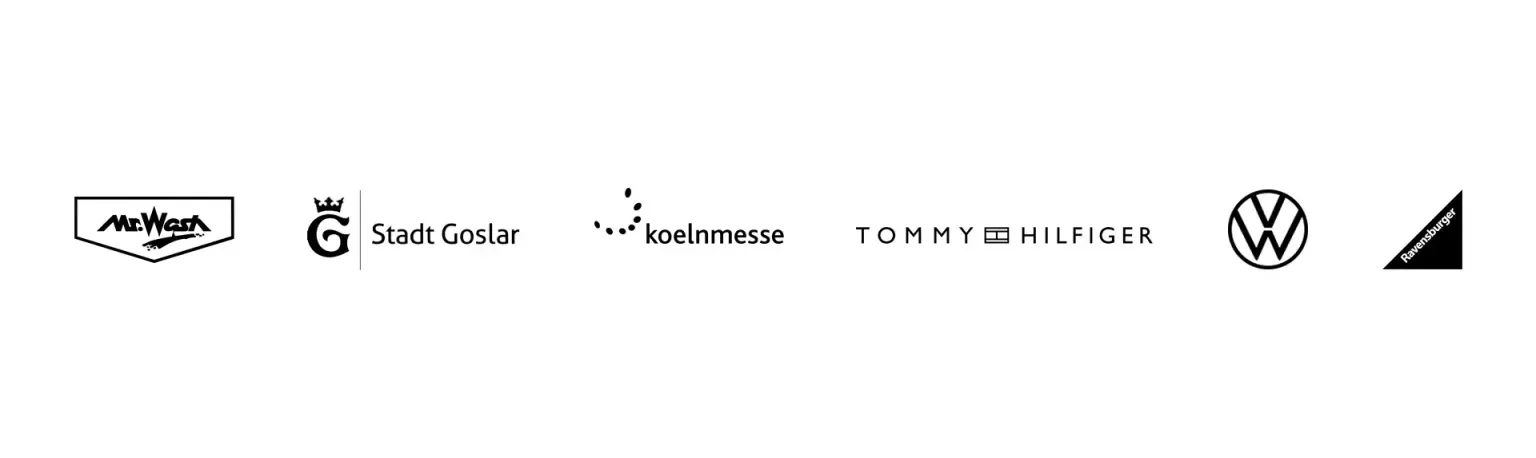 Kundenlogos: Mr. Wash, Stadt Goslar, Koelnmesse, Tommy Hilfiger, Volkswagen, Ravensburger