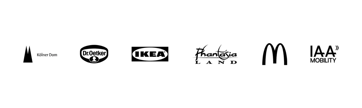 Kundenlogos: Kölner Dom, Dr. Oetker, IKEA, Phantasialand, McDonald's, IAA Mobility