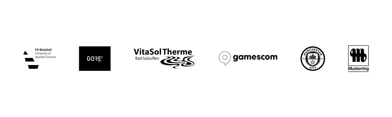 Kundenlogos: FH Bielefeld, GORE, VitaSol Therme Bad Salzuflen, gamescom, Manchester City, Musterring