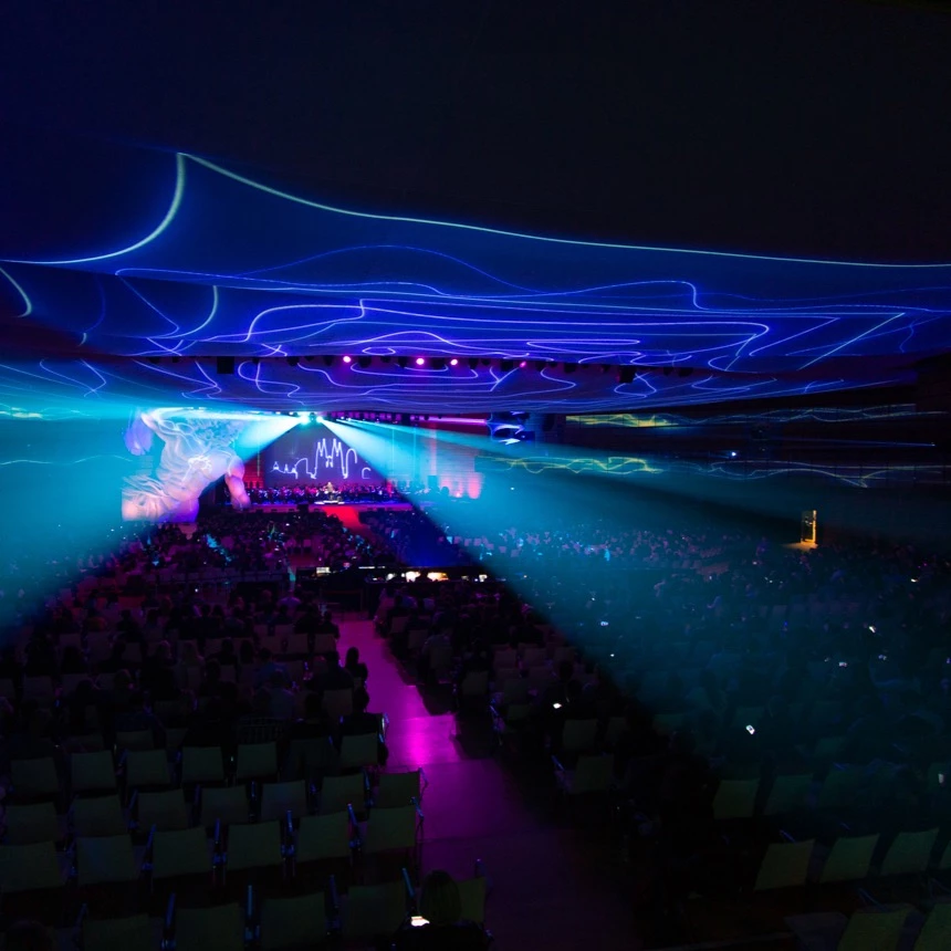 Light show with ceiling projection shows the skyline of Vienna and blue lines