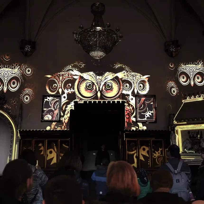 Magical owls are projected onto the walls of a hall inside Arenfels Castle