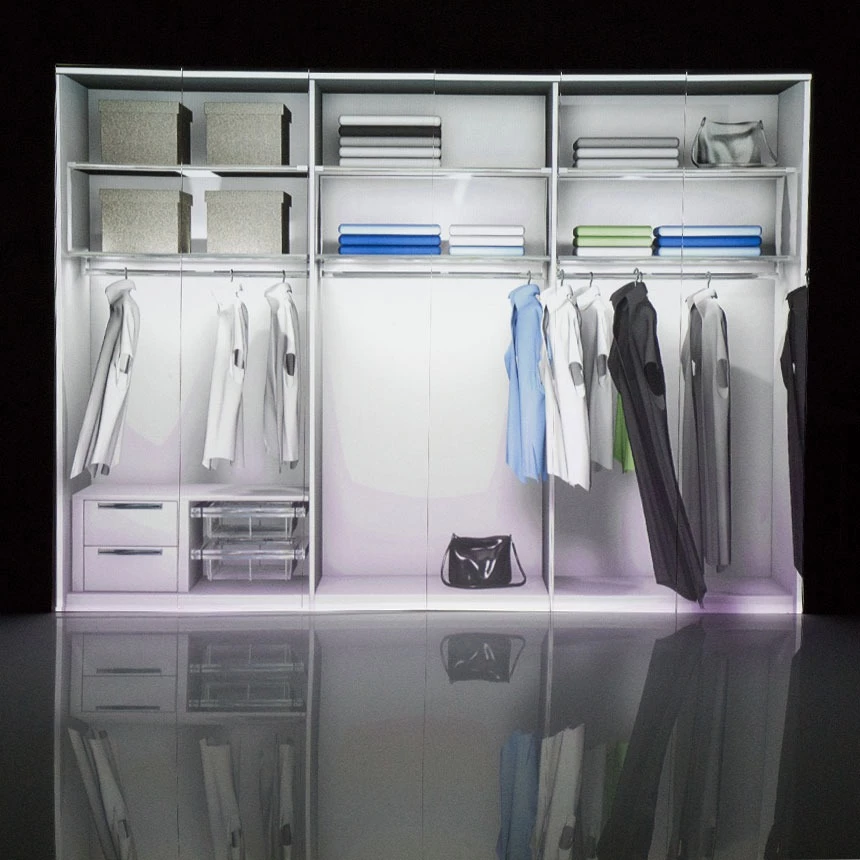 Interactive 3D projection mapping for the furniture brand Musterring creates the illusion that the doors of a cabinet system have opened and reveal a view of the interior of the piece of furniture