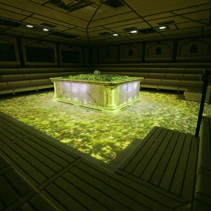 Nature projection in the Crystal Palace: ferns and blossoms cover the sauna floor in vibrant green—large-scale projections, light, and music create a unique infusion experience by TNL GmbH.