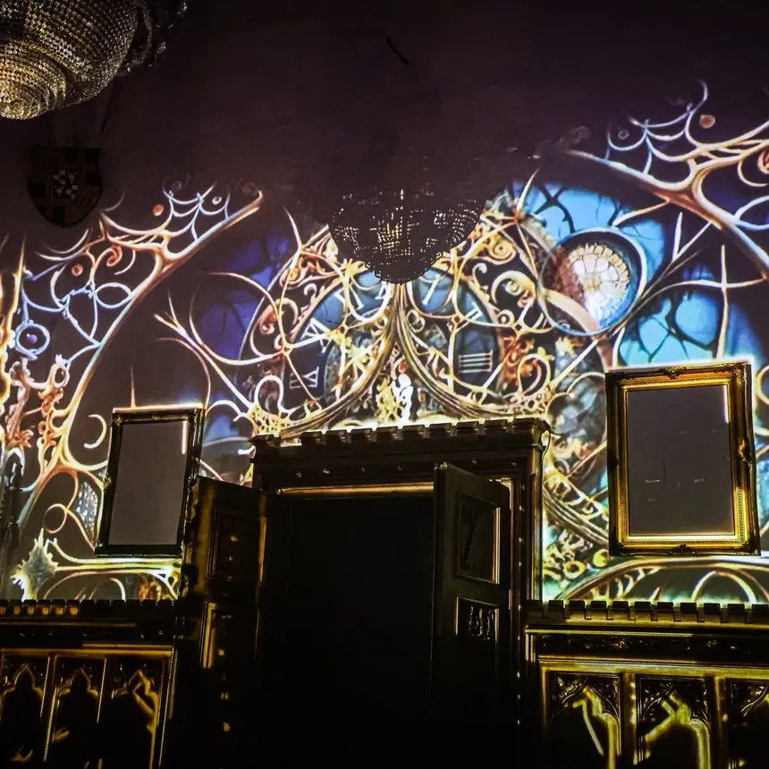 Ornaments appear on the walls of a hall in Arenfels Castle, the visuals of the video show adapt to the structures of the interior