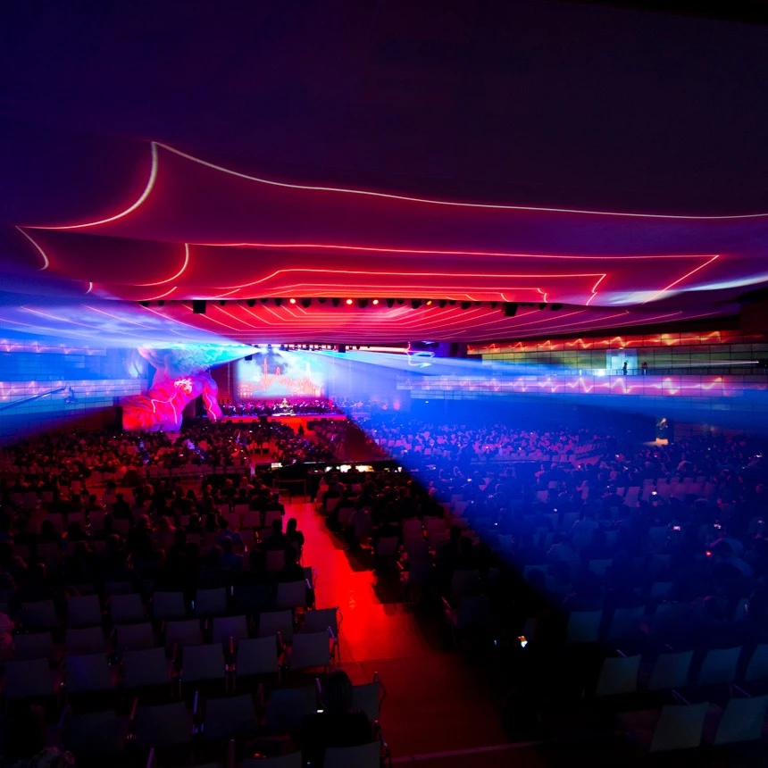 Panorama projection of heart curves at the congress with lights pulsing to the heartbeat