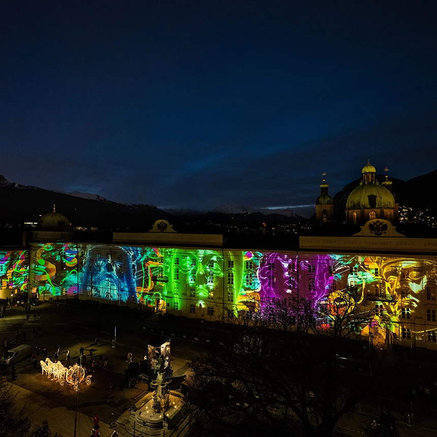 The facade of the Hofburg and Hofkirche in Innsbruck is staged with artistic representations of the Habsburgs