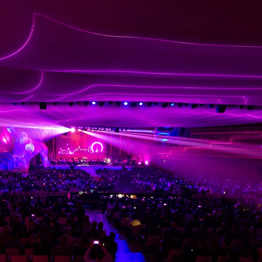 Projection show as a stage design shows the skyline of Vienna as well as expansive illumination