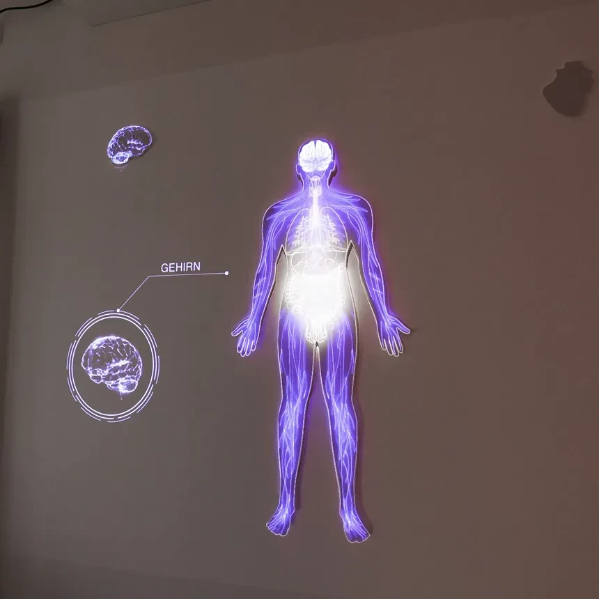  3D-Projectionmapping auf ein an der Wand hängendes Relief einer menschlichen Figur