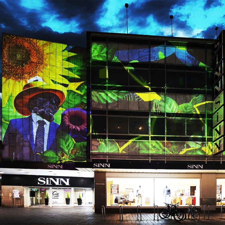 Video show as an evening spectacle in the pedestrian zone shows regional figure and sunflowers