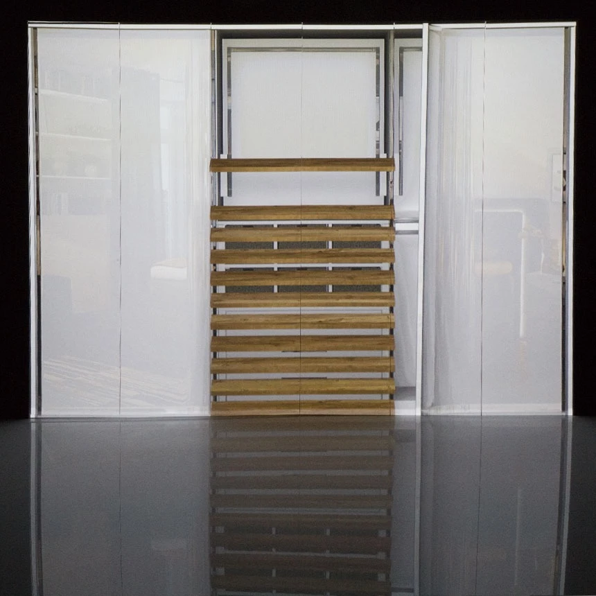 Projection mapping that can be interactively controlled by visitors to a furniture fair. The surface of the cabinet system changes from high-gloss white to a wood look
