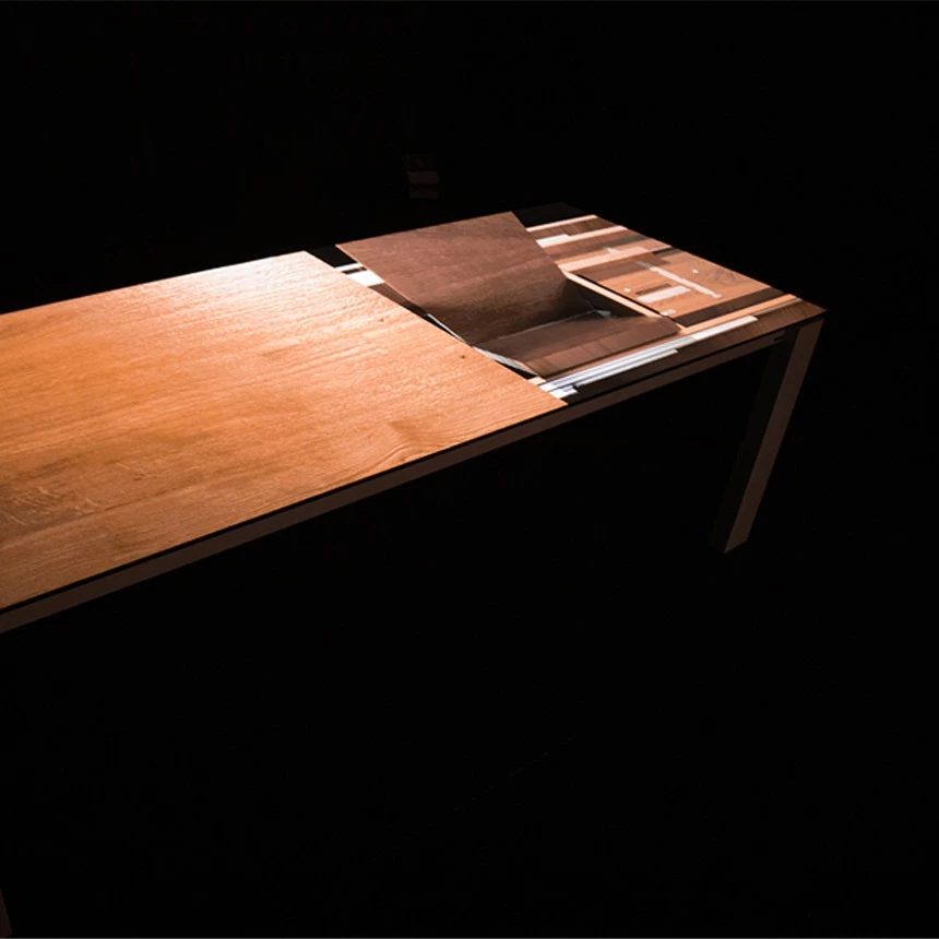 Product presentation with projection mapping: the table projection demonstrates product features such as the innovative folding mechanism