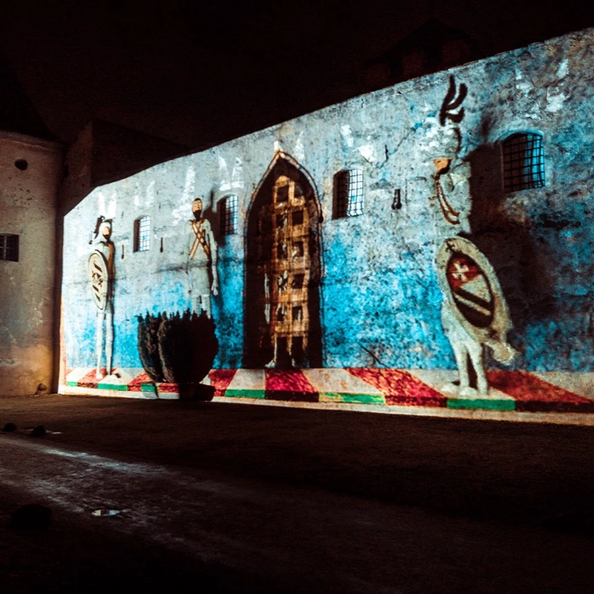 At Maretsch Castle in Bolzano, wall paintings of knights are virtually brought to life via 3D animation on the facade