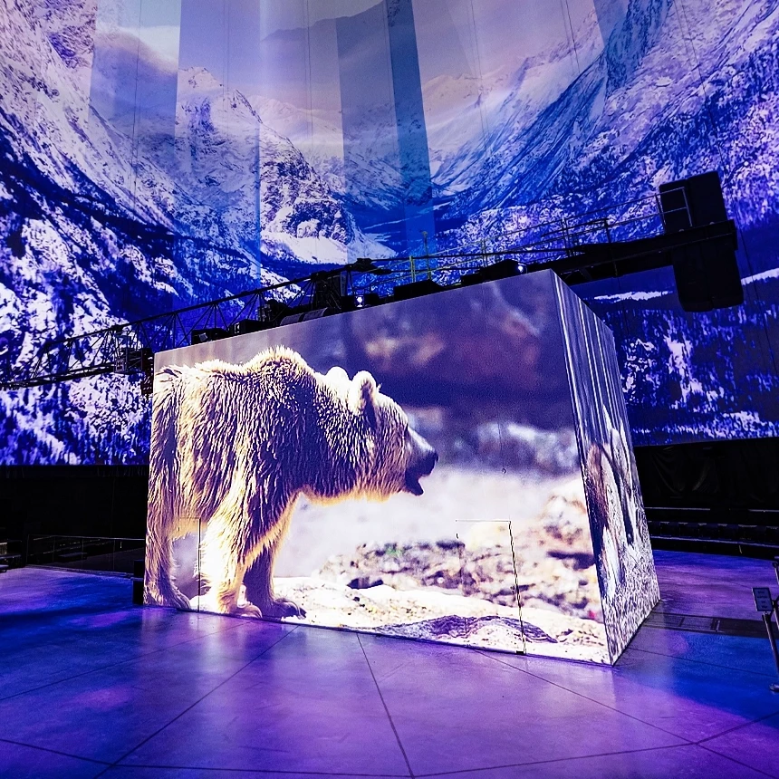 A polar bear appears on the projection cube, and a winter landscape with a purple undertone can be seen on the outer walls of the Visiodrom.
