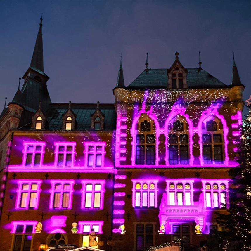 Gebäudeindividuelle Fassadenprojektion auf dem Rathaus in Oldenburg mit pinken Strukturen