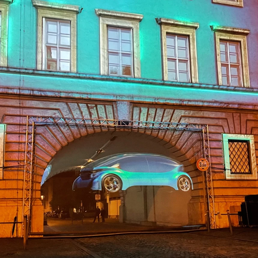 Hologram projection of a futuristic car that appears three-dimensionally floating in a gate during a video show at the Bavarian Ministry of Economic Affairs at the IAA in Munich