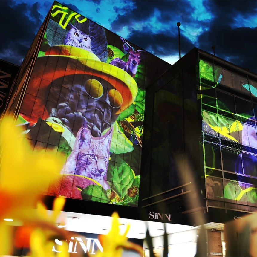 Colorful light installation with regional motifs on abandoned inner-city building
