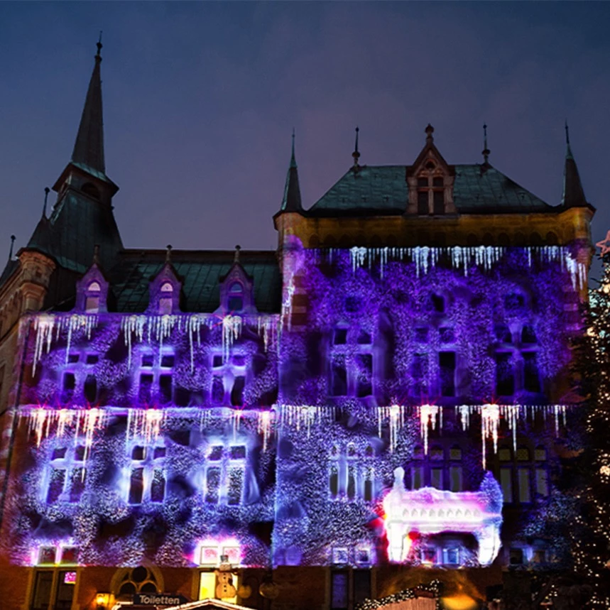 Festliche Videoshow auf dem Lambertimarkt mit Eiszapfen als Projektionseffekte