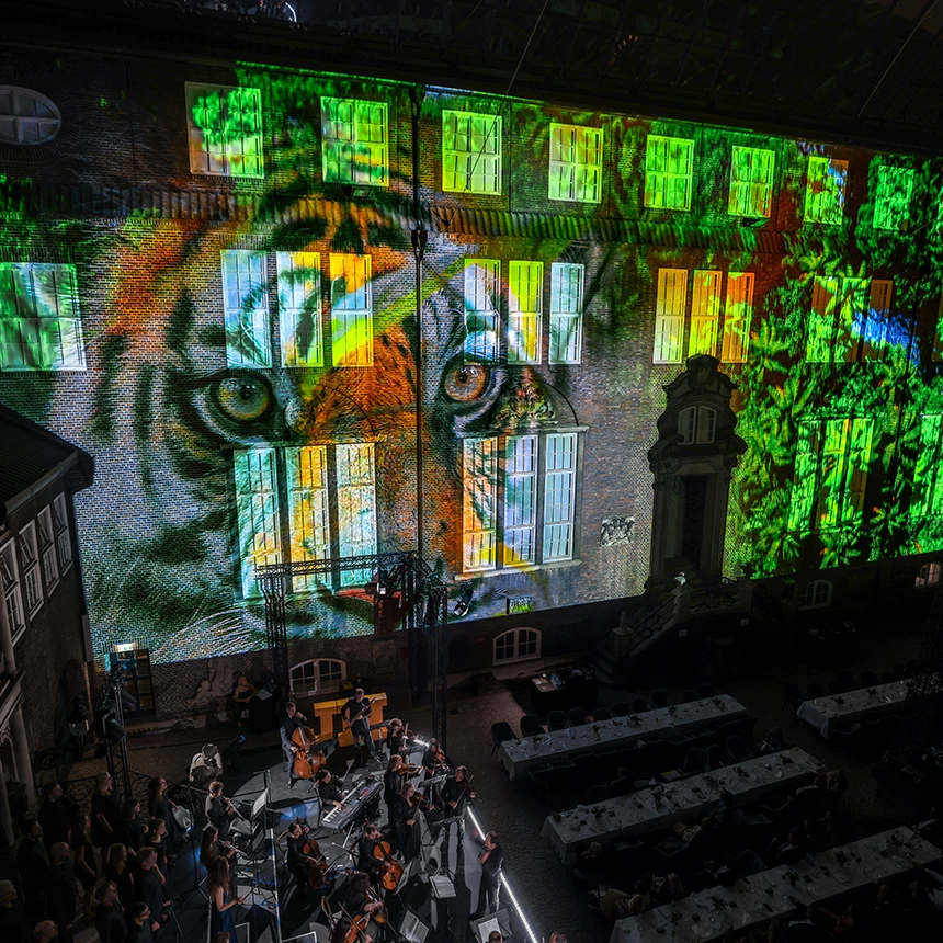 Während eines Firmenevents verwandelt eine Projektion den Veranstaltungsort: der Kopf eines Tigers vor einem grünen Dschungelpanorama erscheint