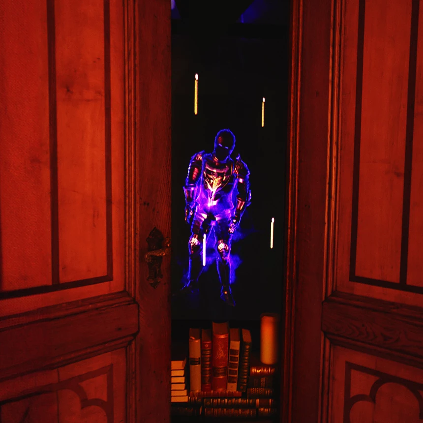 Augmented Reality live - a knight comes to life via hologram and moves towards the viewer