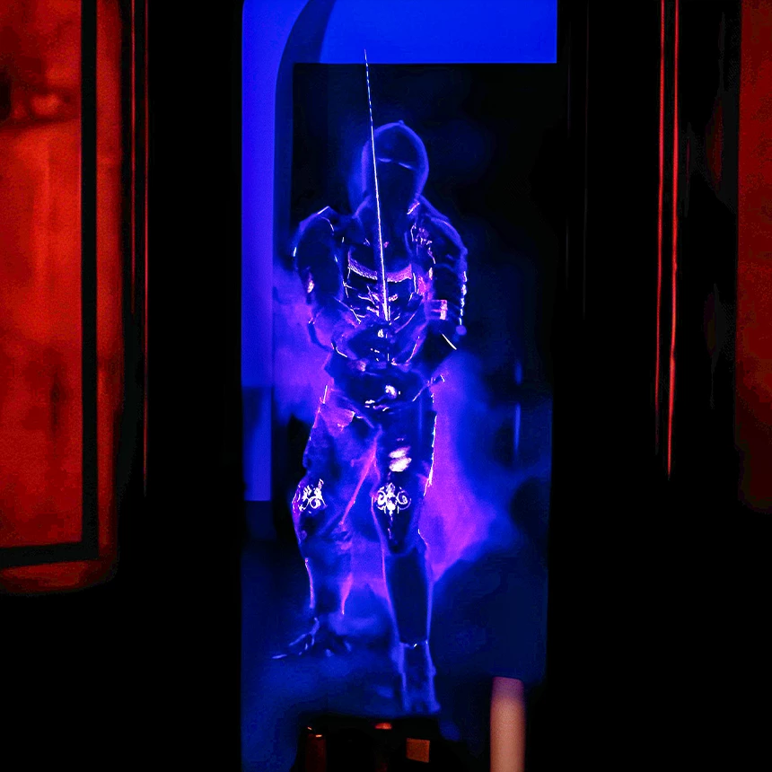 Through a crack in the door you can see the holo projection of a knight swinging his sword