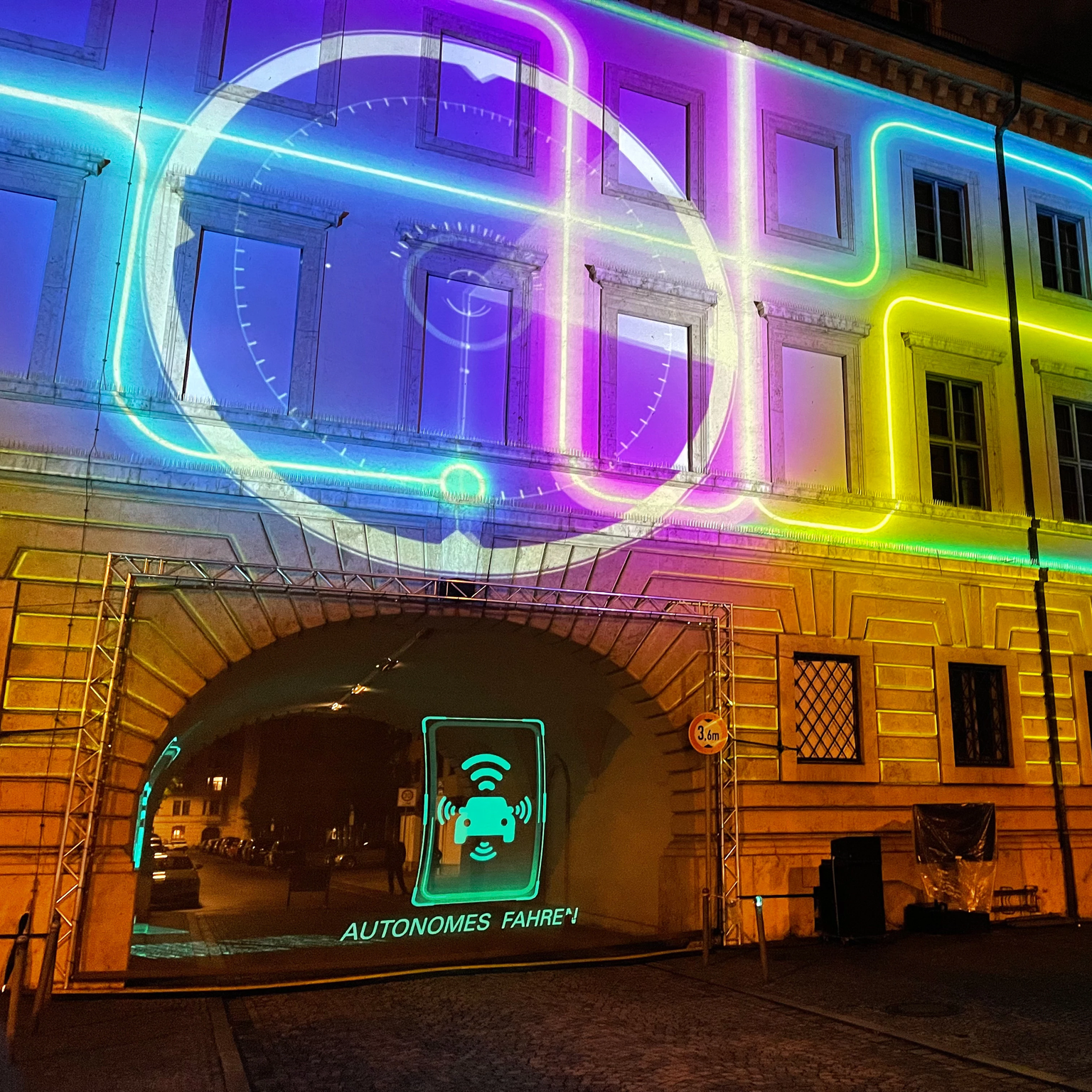 Hologram projection on the archway lets pictograms appear in 3D and freely floating in space
