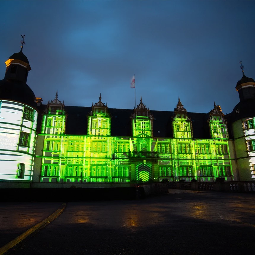 Panoramaprojektion auf Schlossfassade zeigt grüne 3D Strukturen