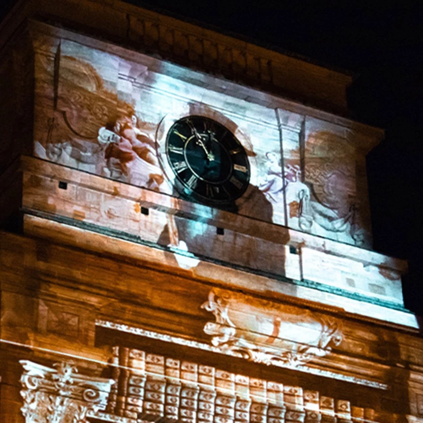 Building projection shows wall painting as a backdrop for the cathedral festival in St Blasien