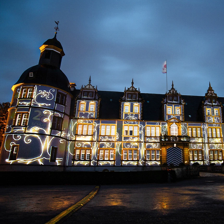 Ornate lines are projected onto the facade of Schloss Neuhaus
